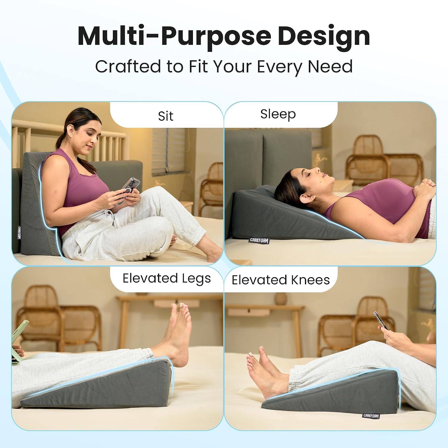 Wedge Pillow Memory Foam For Back Support, Grey, Wedge Medium Size - 20 X 20 X 7 Inch | Wedge Cushion Pillow, Acid Reflux, Snoring, Gerd, Leg Elevation, Pregnancy, Washable Cover