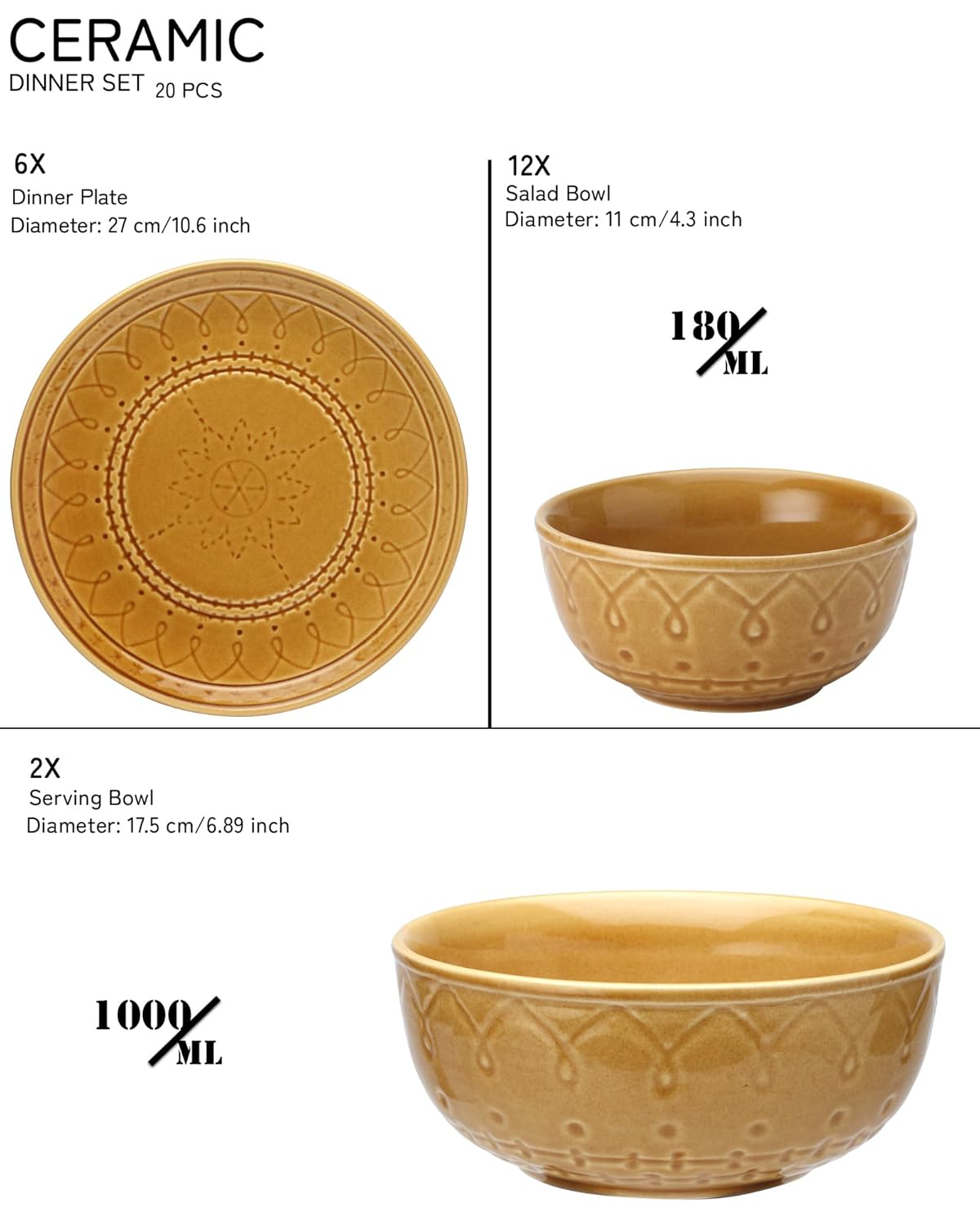 Handcrafted Stoneware Embossed Ceramic Dinner Set Of 20 Pcs With Serving Bowls Set - Golden Brown | 6 Dinner Plates+ 12 Small Dinner Bowls, 180ml Each+ 2 Serving Bowl, 1000ml Each | Serving For 6