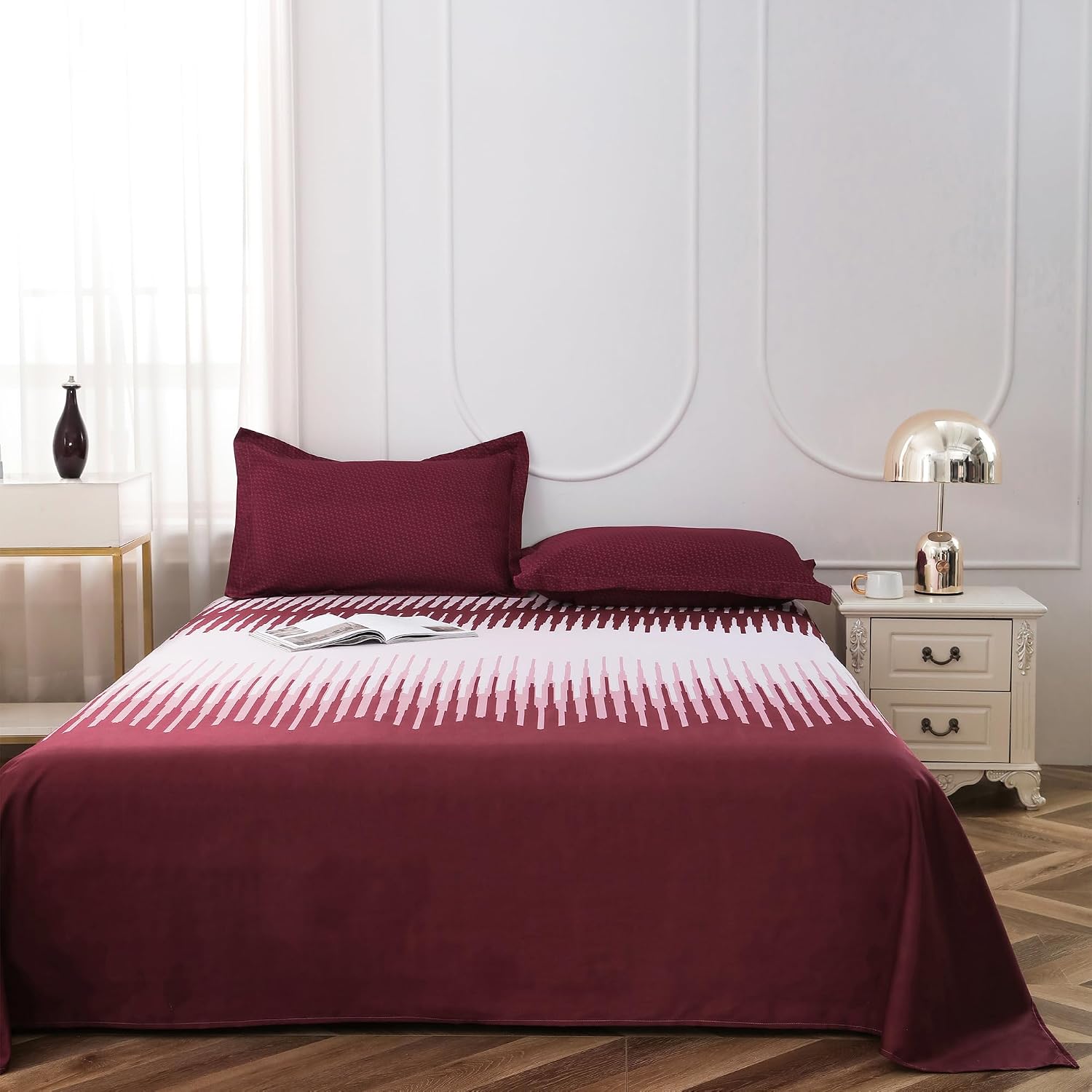 Bedsheets For Double Bed With 2 Pillow Cover - 92 X 98 Inches, Maroon & White | Satin Finish Microfiber Queen Size Bedsheet | Skin Friendly & Breathable Fabric