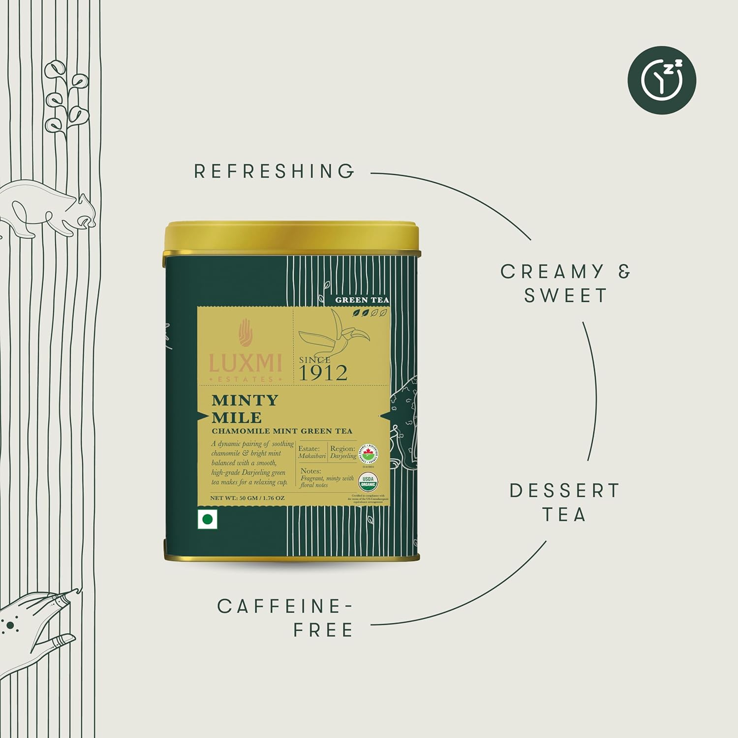 Luxmi Estates Minty Mile Chamomile Mint Green Tea - 50gm Tin, 1.7 Ounce | USDA Certified Organic Green Tea - Low Caffeine Chamomile Green Tea