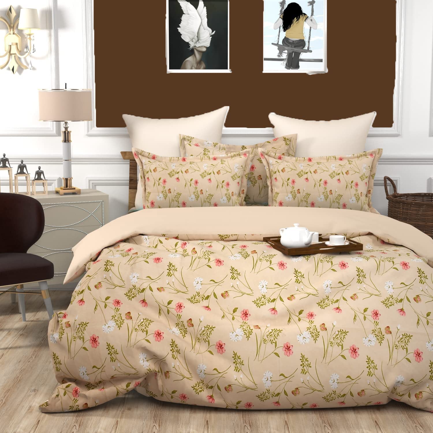 Super King Size Bedsheet Floral Print With 2 Pillow Covers - Bedsheet Size 108 X 108 Inch, Beige | 144 Thread Count Luxurious Comfort Bedsheet