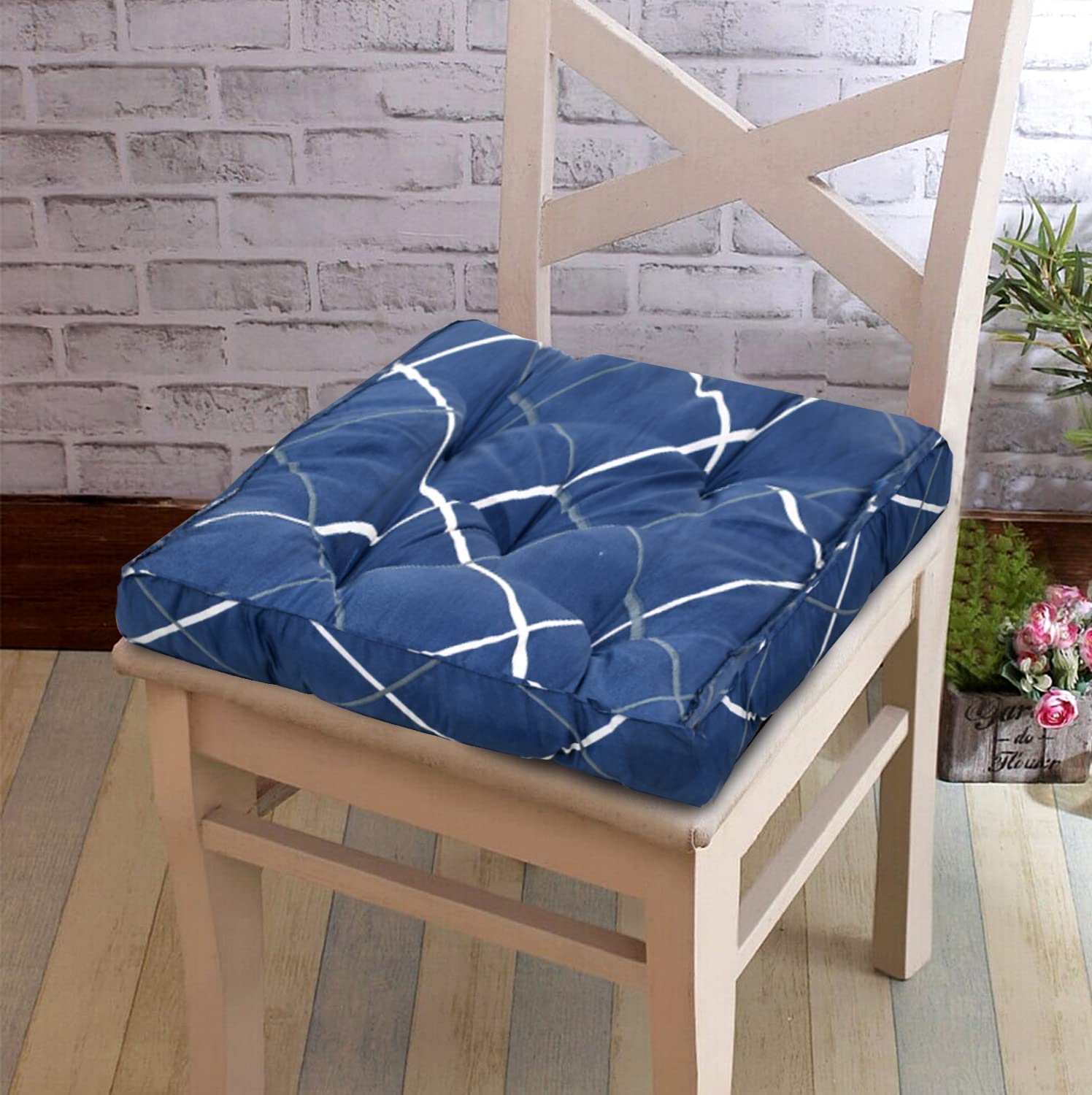 Microfiber Square Chair Pad, Seat Cushion For Rocking Chair, Geometric Printed, Blue | For Indoor & Outdoor, Furniture Cushion, Washable | Perfect Fit For Any Chair - Pack Of 4