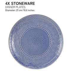 Ceramic Hand Glazed Stoneware Embossed Large Dinner Plates Set Of 4 - 10.6 Inch, Mist Blue | Microwave Safe & Dishwasher Safe - Full Plate Set