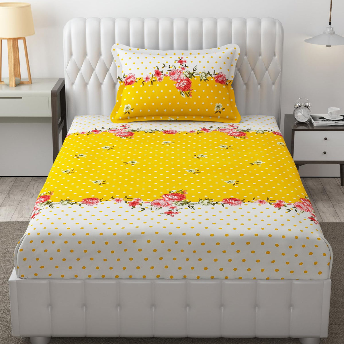 Microfiber Single Bedsheet Set With 1 Pillow Covers (60 X 90 Inches) Yellow & White | Durable & Long-Lasting | 144 Thread Count | Wrinkle Free
