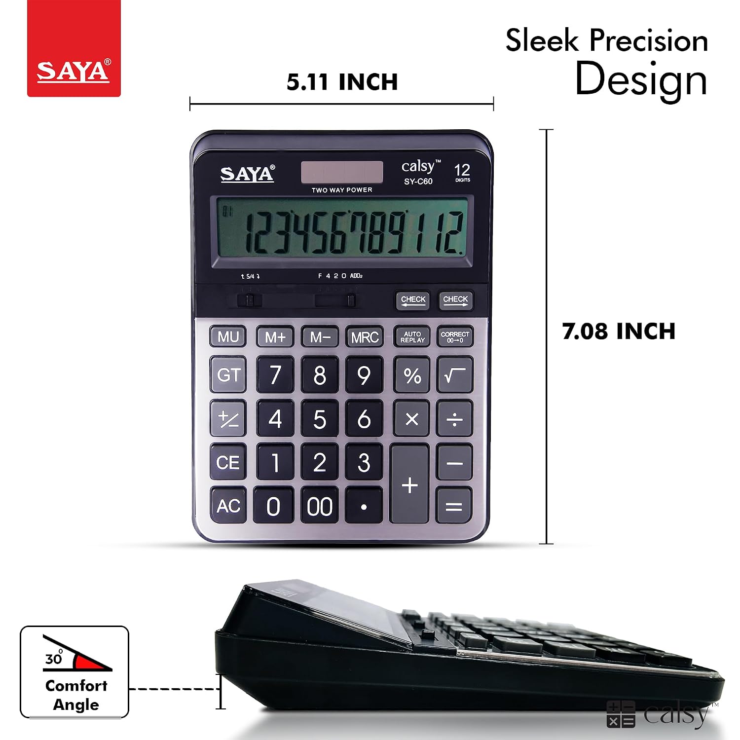 Saya Premium Desktop Calculator | 12-Digit Display, Dual Power, Check & Correct Function, Metal Face Plate | Ergonomic Design For Office & Business Use | 3-year Warranty