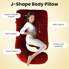 J Shape Full Body Pillow, Pregnancy Pillows For Sleeping, Maroon Color | Maternity Pillows For Back, Hips, Legs, Belly | For Pregnant Women With Removable, Washable Maroon Velvet Cover
