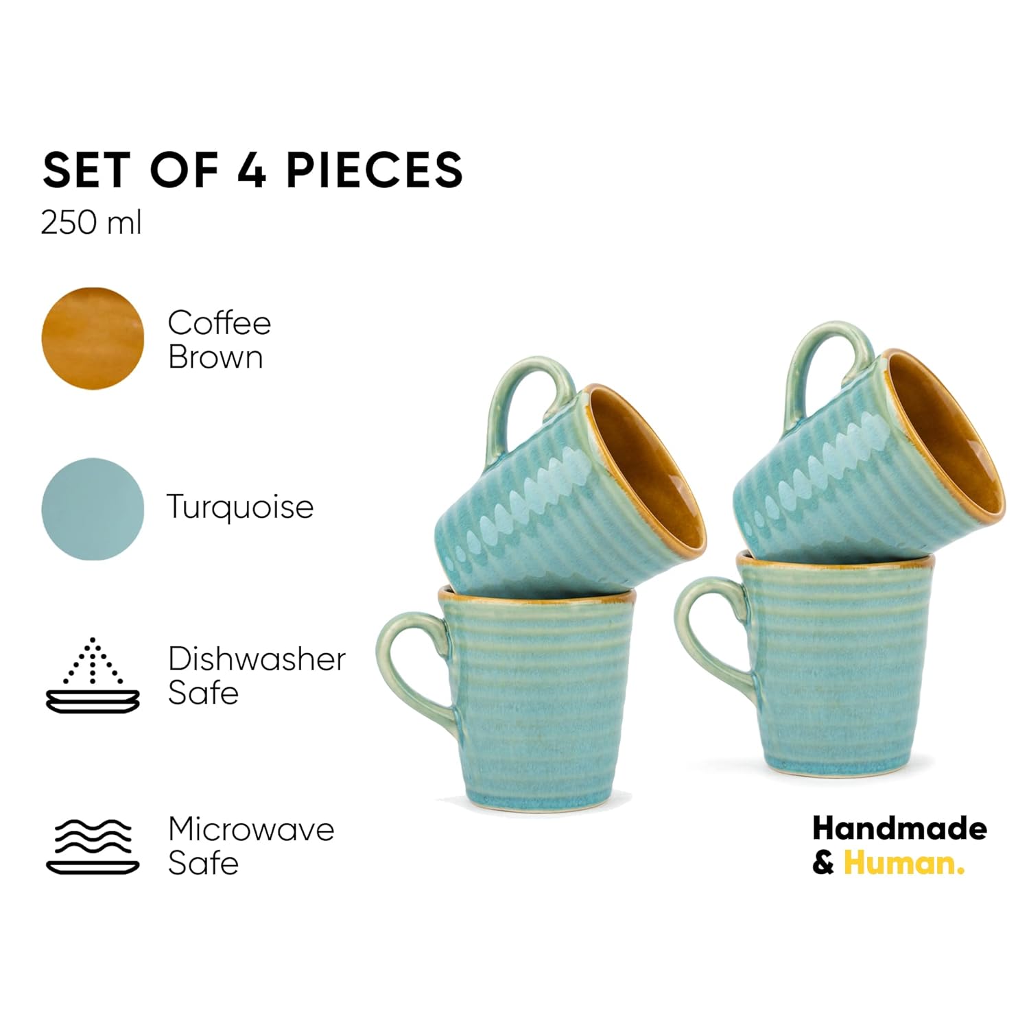 Ceramic Artisanal Coffee Cup Set Of 4 - 290ml Each, Turquoise Blue | Medium Cup With Glossy Finish - Stoneware Coffee Cup Set | Ceramic Everyday Cup - Microwave Safe & Dishwasher Safe