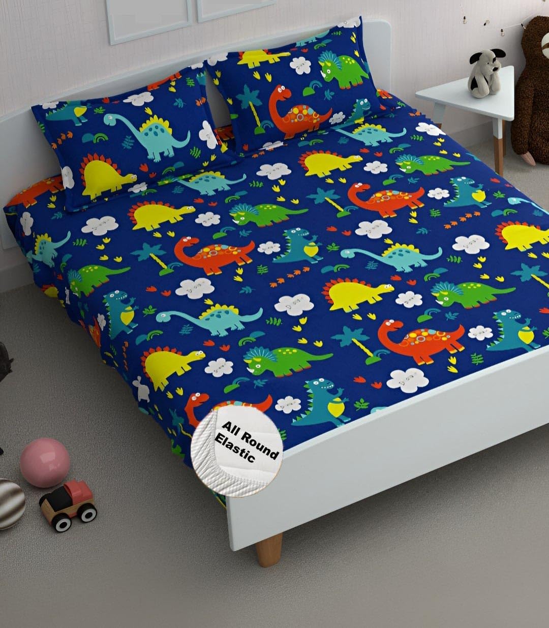 Cartoon Printed Double Bedsheet For Kids With 2 Pillow Cover - 72 X 78 X 10 Inches, Dark Blue | Cotton Feel All Around Elastic Fitted King Size Double Bed
