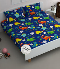 Cartoon Printed Double Bedsheet For Kids With 2 Pillow Cover - 72 X 78 X 10 Inches, Dark Blue | Cotton Feel All Around Elastic Fitted King Size Double Bed