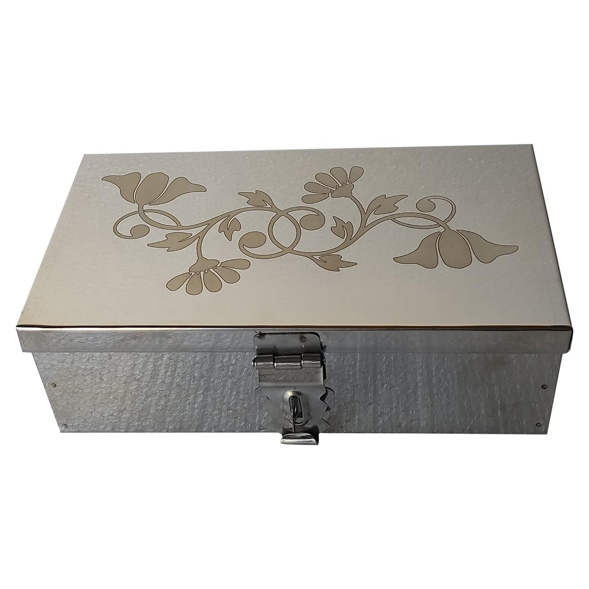 Steel Storage Boxes, Cash, Pooja Peti, Organizer, Safe Locker Box 8 Inch Storage Box W - 8", H-2.50", L-5" Cash Box With Laser Print Design, Material - Stainless Steel