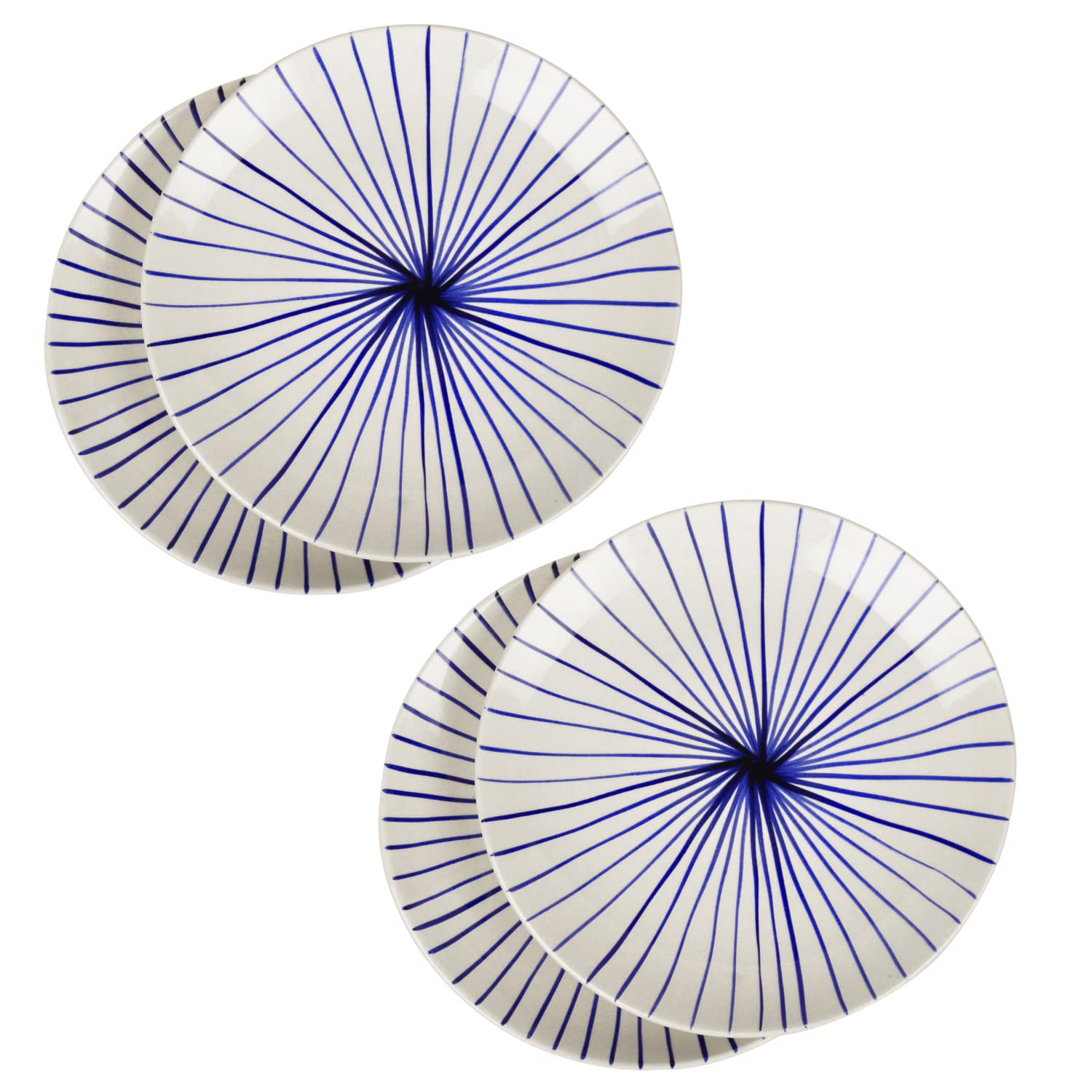 Ceramic Striped Dinner Serving Plates Set Of 4 - White & Blue, Diameter: 10 Inches | Ceramic Full Plates - Blue Kasa Line