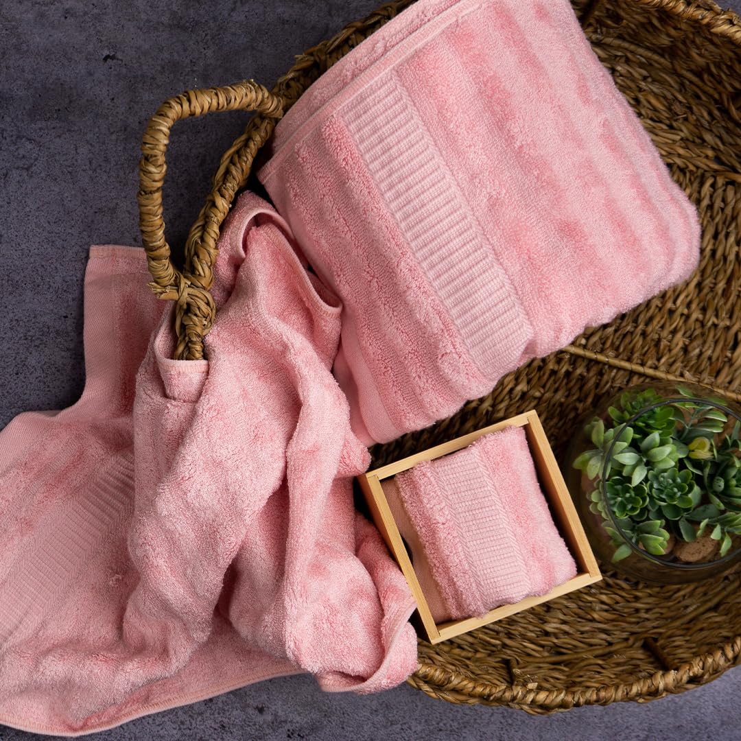 Mush Bamboo Luxurious Bath + Hand & Face Towel 1000 Gsm | Ultra Soft, Absorbent & Antimicrobial Towel (Pink) -3 Piece