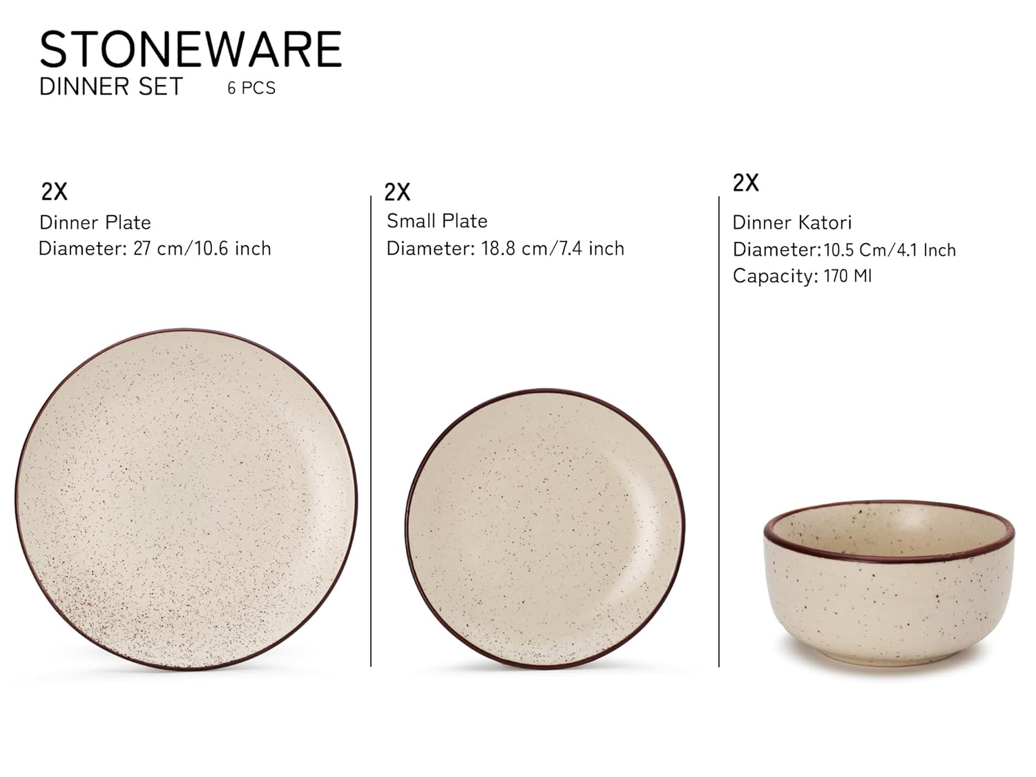 Handcrafted Ceramic Stoneware Dinner Set Of 6 Pcs - Beige Speckled | 2 Dinner Plates, 10.6 Inch Each + 2 Small Plates, 7.4 Inch Each + 2 Small Dinner Bowl, 170ml Each | Microwave & Dishwasher Safe