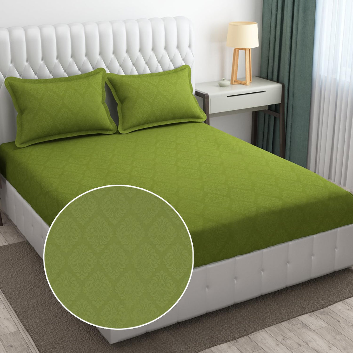144 TC Rotary Printed King Size Bedsheet With 2 Pillow Covers - 90 X 95 Inches | Maximum Green, Damas Design Bedsheet | Machine Washable & Wrinkle Resistant