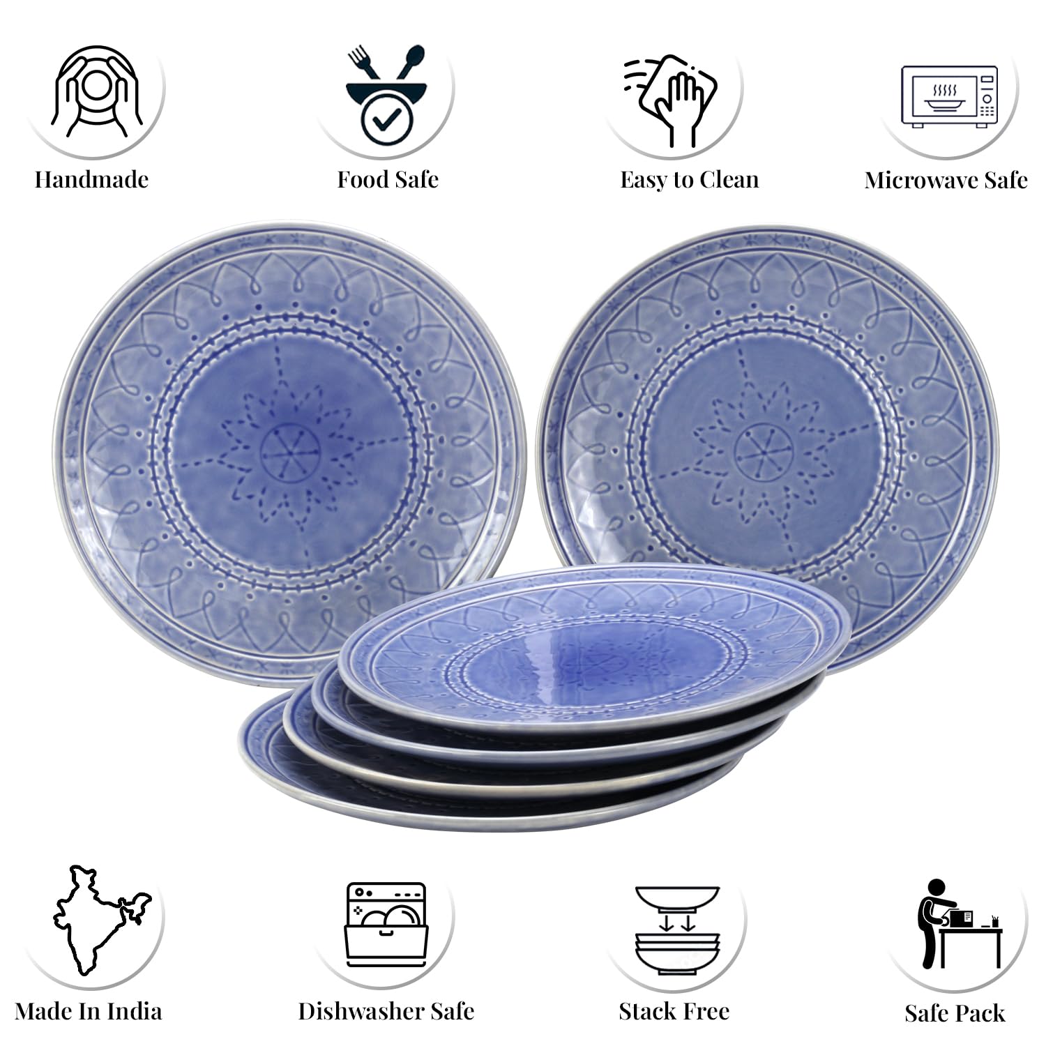 Ceramic Hand Glazed Large Embossed Dinner Plates Set Of 6 - 10.6 Inch, Mist Blue | Handcrafted Stoneware - Microwave Safe & Dishwasher Safe