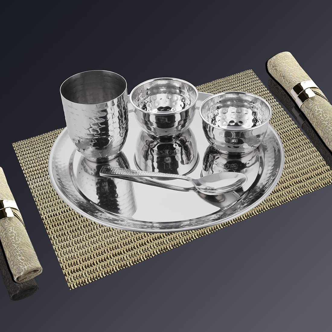 Silver Stainless Steel Hammered Diamond Thali Set Of 5 | 1 Thali+ 1 Glass+ 2 Katoris+ 1 Spoon - Easy To Clean & Dishwasher Friendly