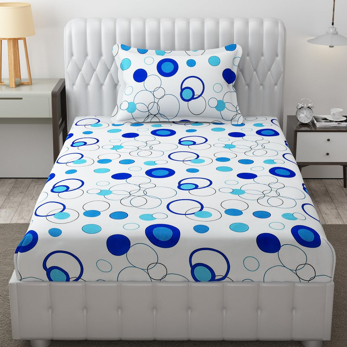 Microfiber Single Bedsheet Set With 1 Pillow Covers (60 X 90 Inches) White & Blue | Durable & Long-Lasting | 144 Thread Count | Wrinkle Free