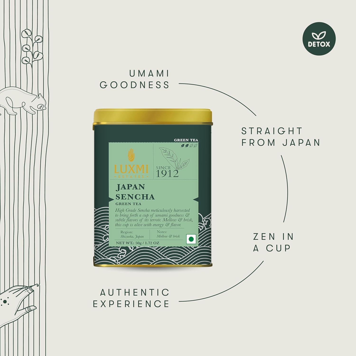 Luxmi Estates Japan Sencha Green Tea - 50gm, 1.7 Ounce | USDA Certified Organic Tea - Medium Caffeine Green Tea | Mild, Rich & Refreshing Premium Tea - Gluten Free, Additives Free