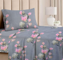Premium Single Bed Sheet With 1 Pillow Covers For Single - 60 X 90 Inches, Grey & Pink | Super Soft Premium Brushed Glace Cotton Bedsheet