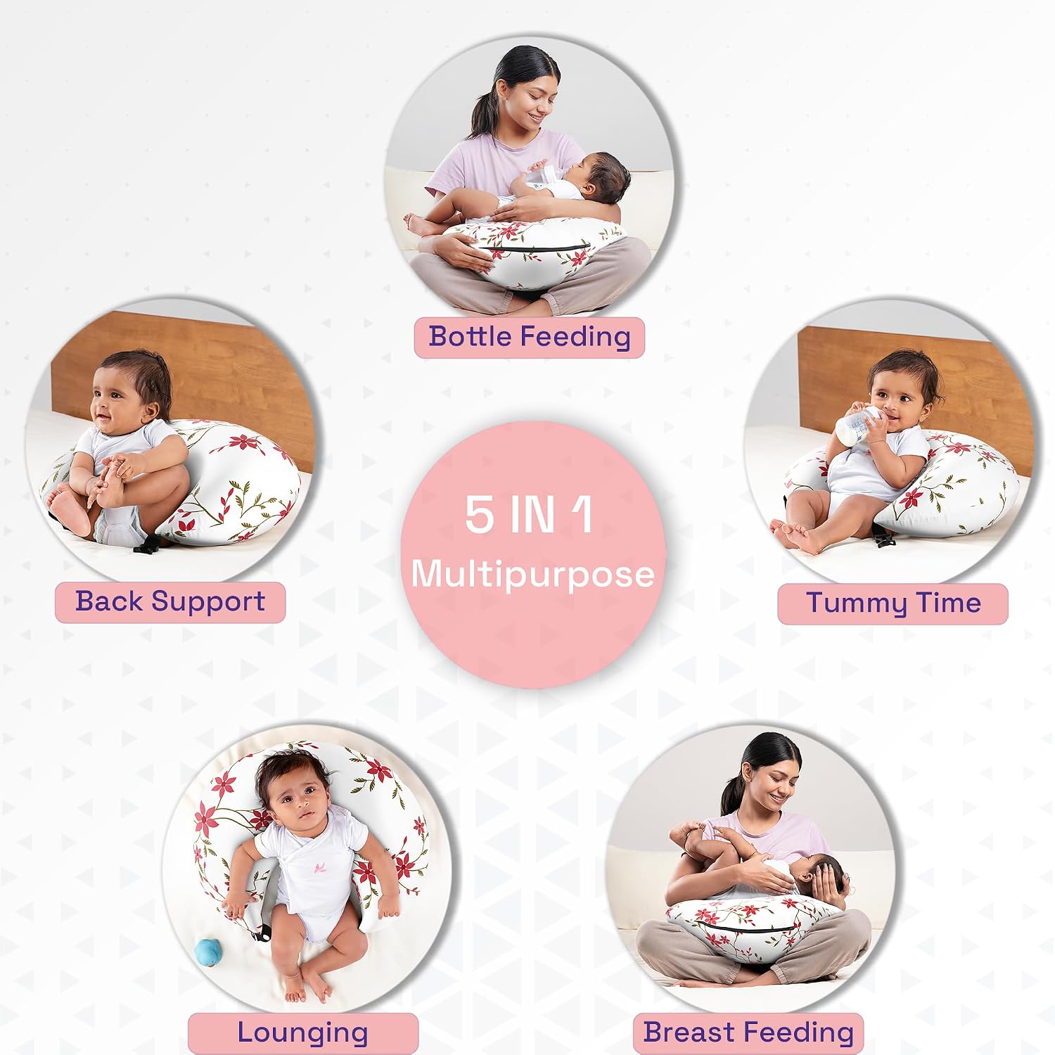 Feeding Pillow For New Born Baby, 5 In 1 Multipurpose Use, Nursing Pillow, White | Pillow For Breastfeeding With Cotton Removable Cover | Easy To Clean, Machine, Comfortable Pillow