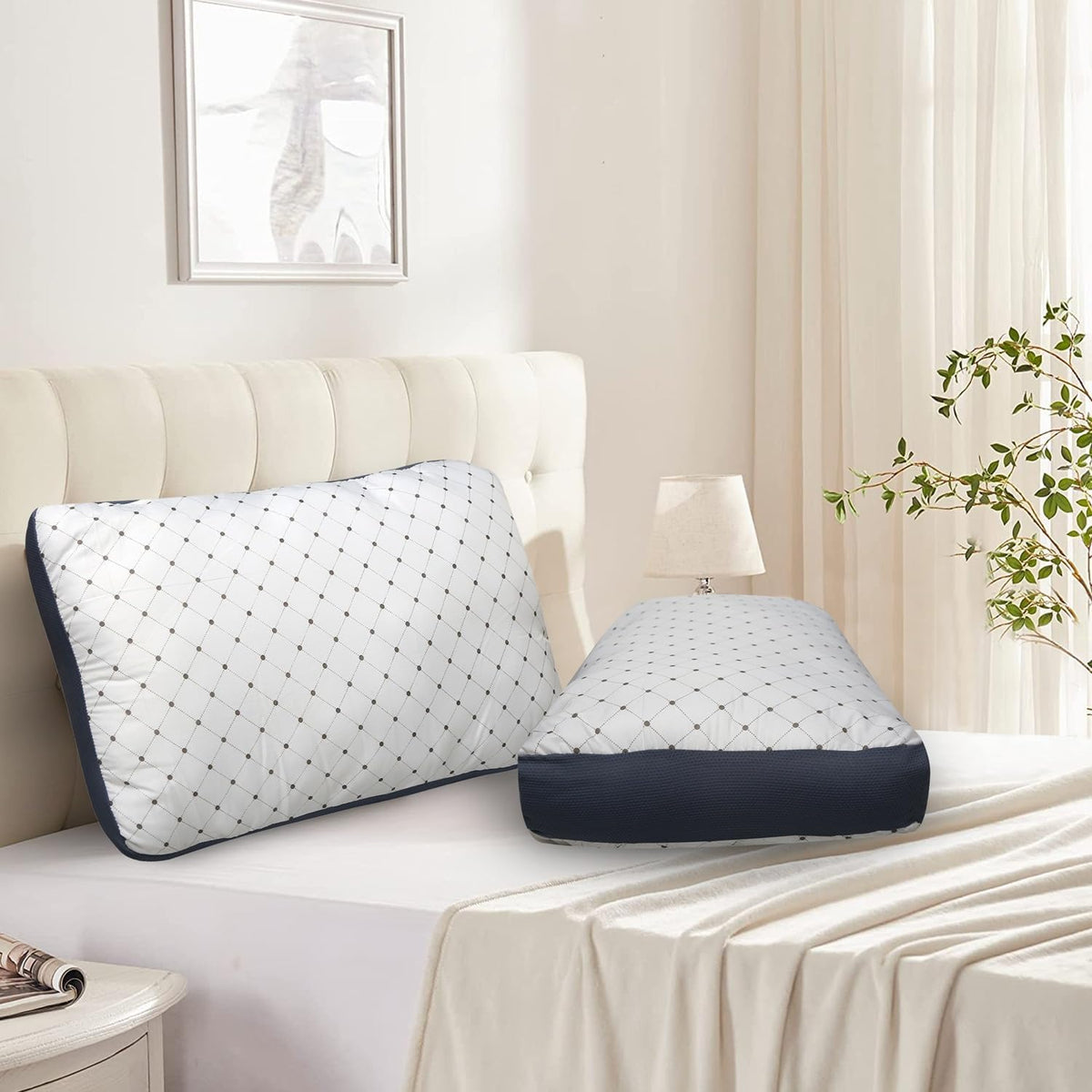 Premium Hotel Quality Soft Polyester Blend Fiber Pillow, Grey-White - 17x27 Inch | Standard Size, Neck Support, Washable, Removable Cover | Bed Pillow, Comfortable Pillow - Set Of 2