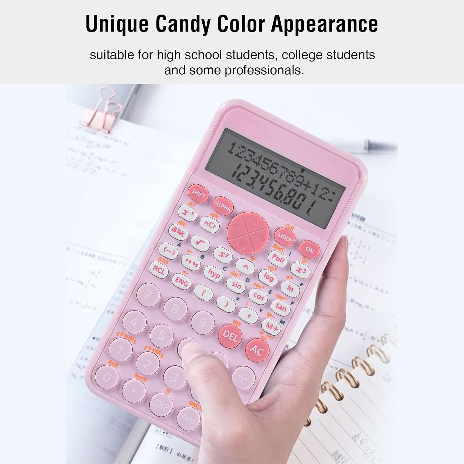 EooCoo Scientific Calculator, Two-line Display, Cute Desk Accessories, Slim And Portable, Standard Scientific Calculator Suitable For School Office Business Supplies, Primary School-pink