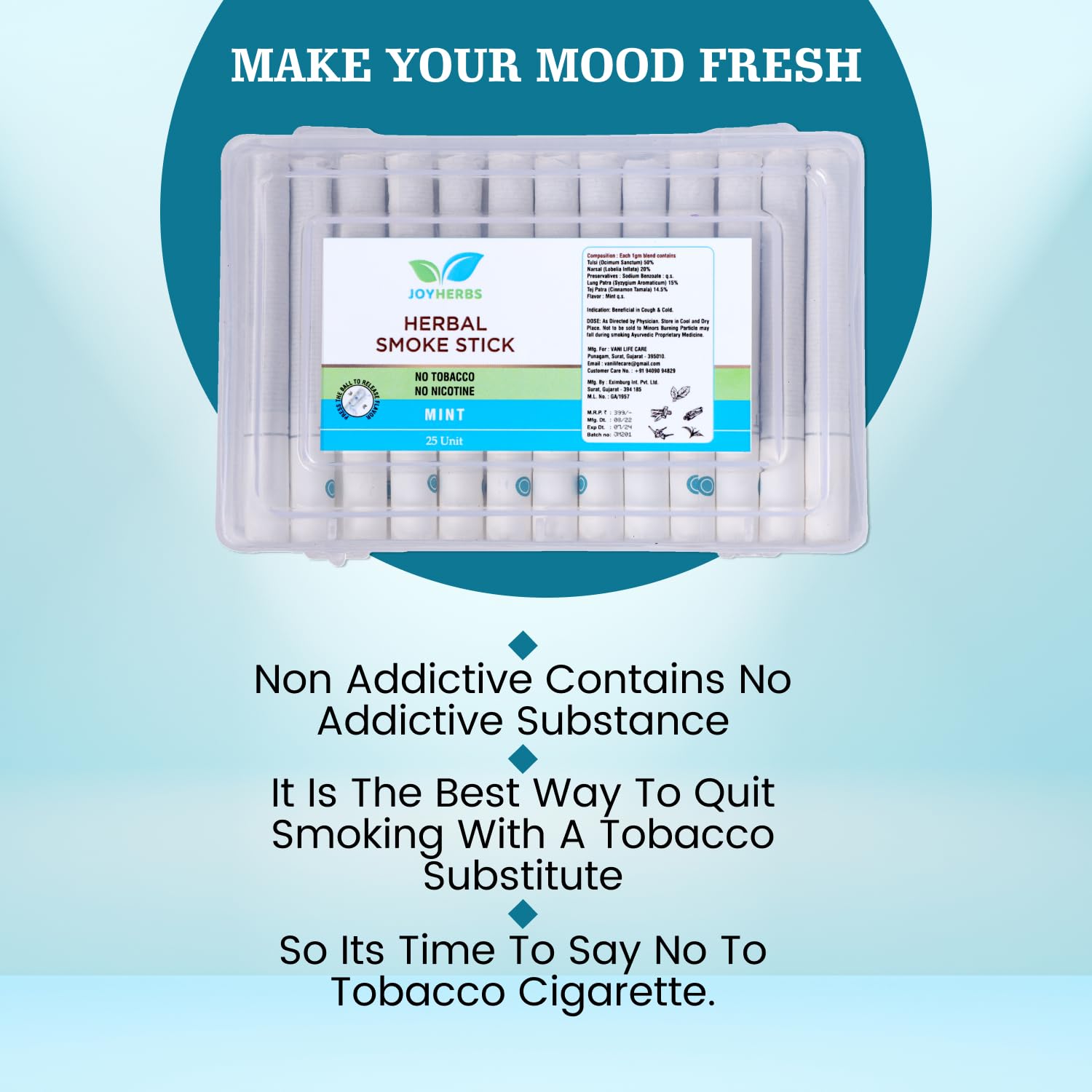 Ayurvedic Herbs Cigarettes, Non Addictive Pack Of 25 Sticks King Size | Cigarette Alternatives - Herbal Cigarette Mint Flvavour No Tobacco & Non Nicotine