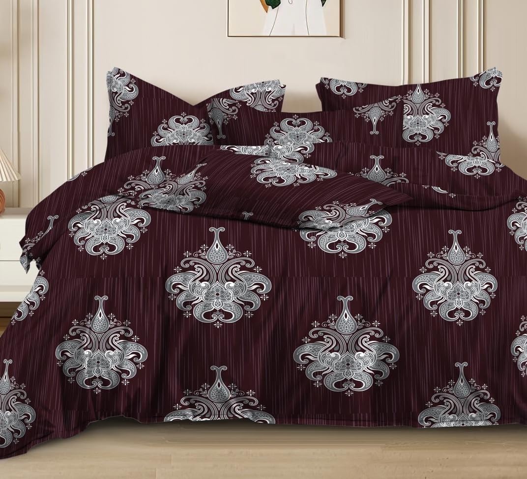 Super Soft Cotton King Size Bedsheet With 2 Pillow Cover + Comforter - 72 X 78 Inches, Wine | All Around Elastic Fitted | Skin Friendly & Long Lasting