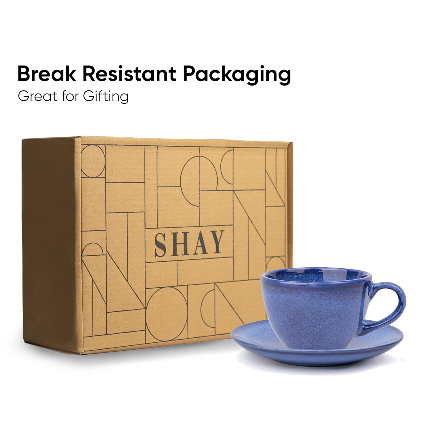 Ceramic Cup & Saucer Set Of 6 - Blue Reactive Glaze, 200ml Each Cup | Cup Saucer Set - 6 Cups + 6 Saucers | Tea Set With Glossy Finish - Ceramic Tea Cup & Saucer Set | Microwave & Dishwasher Safe