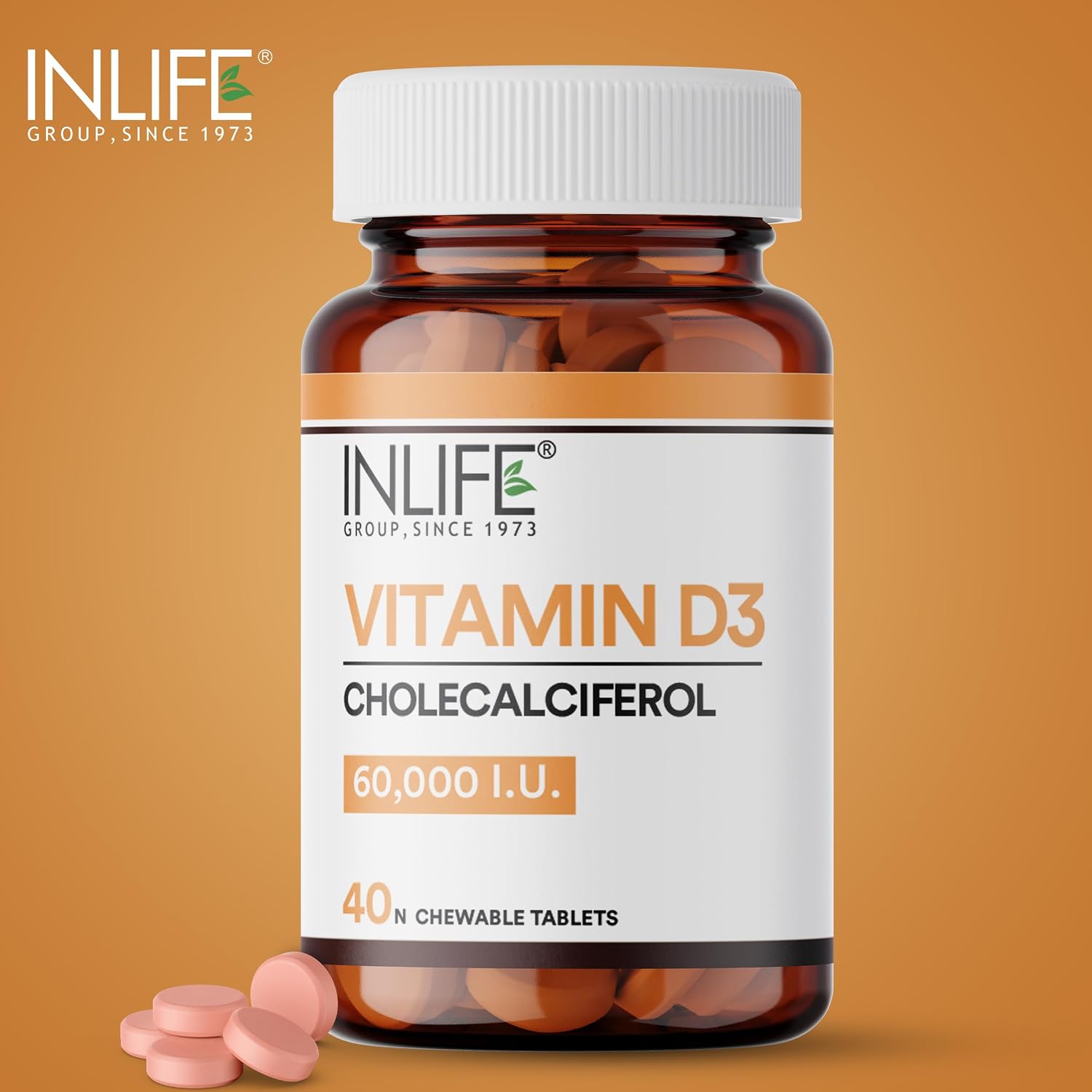 Inlife Vitamin D3 60000 IU Chewable Tablets | Cholecalciferol Supplement For Men And Women 40 Tablets, Once A Week | 100gm 0.2lbs