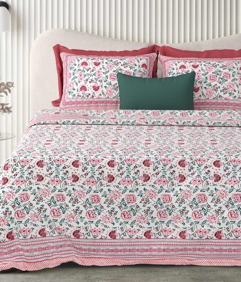 Pure Cotton Double Bedsheet For King Size With 2 Pillow Covers | 90 X 108 Inches, White & Pink | Ultra-Soft & Skin-Safe | Breathable Summer Comfort