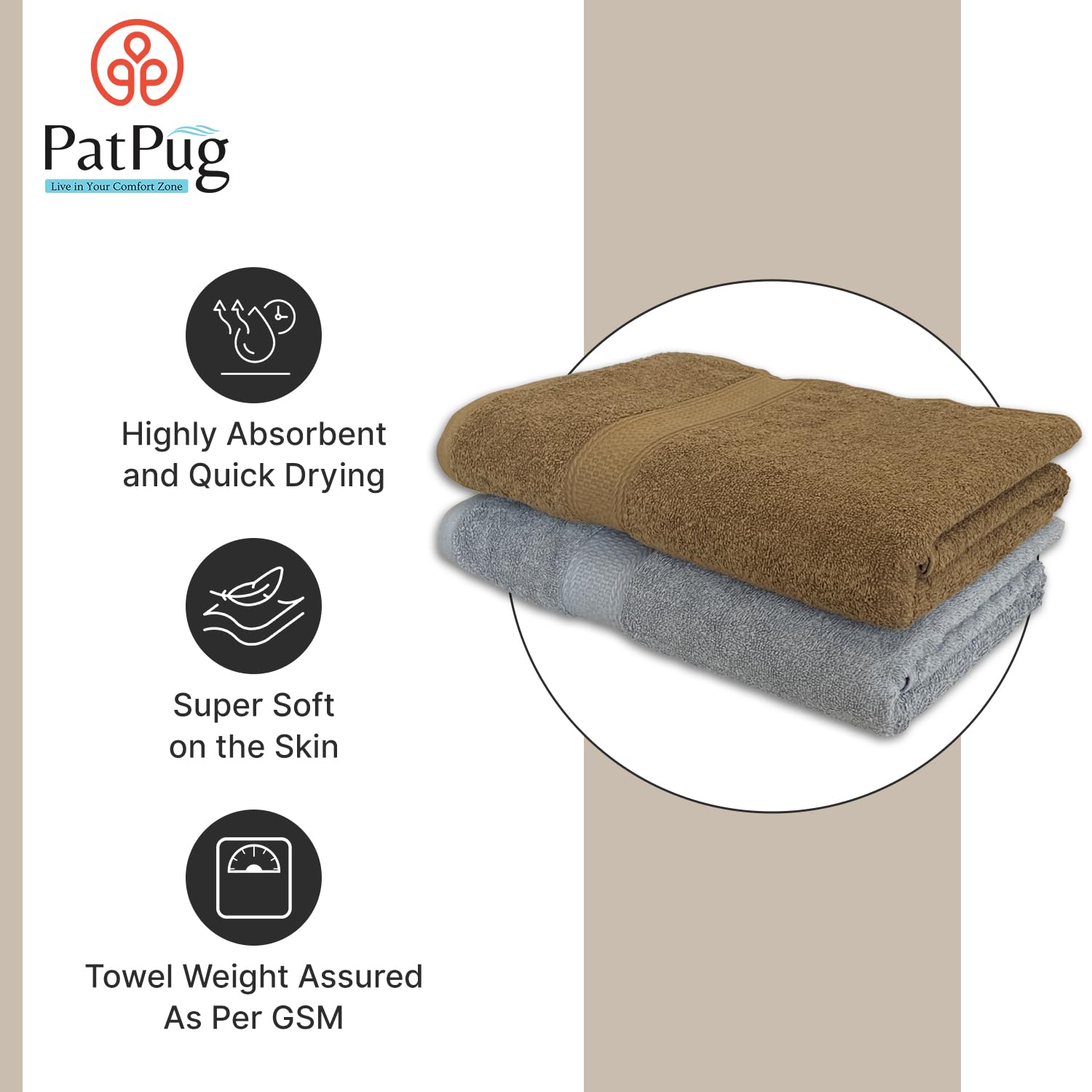 Patpug 100% Indian Ultra Soft Cotton 500 Gsm Highly Absorbent, Fade Resistant, Quick Drying Large Bath Towel (Silver Grey & Sepia Brown)