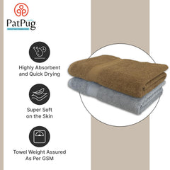 Patpug 100% Indian Ultra Soft Cotton 500 Gsm Highly Absorbent, Fade Resistant, Quick Drying Large Bath Towel (Silver Grey & Sepia Brown)