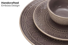 Handcrafted Stoneware Embossed Ceramic Dinner Set Of 12 Pcs - Ash Grey | 4 Dinner Plates+ 4 Small Plates+ 4 Small Dinner Bowls, 180ml Each | Microwave & Dishwasher Safe - Serving For 4