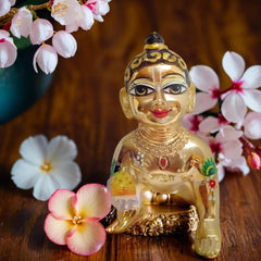 Beautiful Brass Hand Painted Laddu Gopal Ji, Metal, Idol - Size No.5, Made In Vrindavan, Baby Krishna, Kanhaiya, Gold Color, Lord Krishna Idol