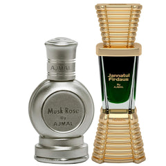 Ajmal Musk Rose Concentrated Perfume Oil Floral Musky Alcohol-free Attar 12ml 0.4 Fl.oz. & Jannatul Firdaus Concentrated Perfume Oil Oriental Attar 10ml 0.3 Fl.oz. | For Unisex