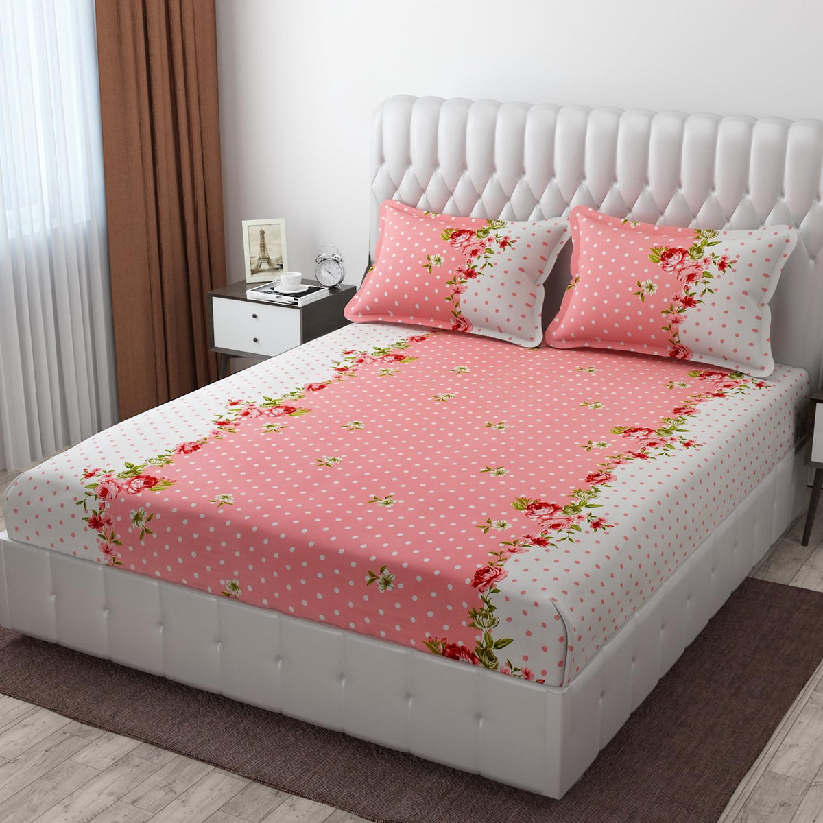 Fitted King Size Double Bedsheet For With 2 Pillow Covers - 72 X 78 X 8 Inches, White & Light Pink | 300 Thread Count Breathable & Durable - Luxurious & Comfortable Bedsheet