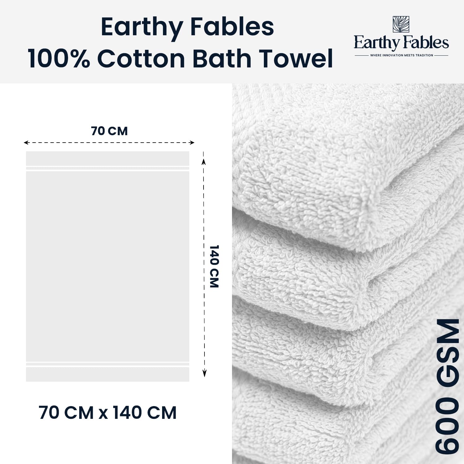 Earthy Fables Premium Bath Towel 600 Gsm | 100% Combed Cotton Ultra Soft, Quick Dry & Highly Absorbent For Home | 140 X 70 Cm (White)