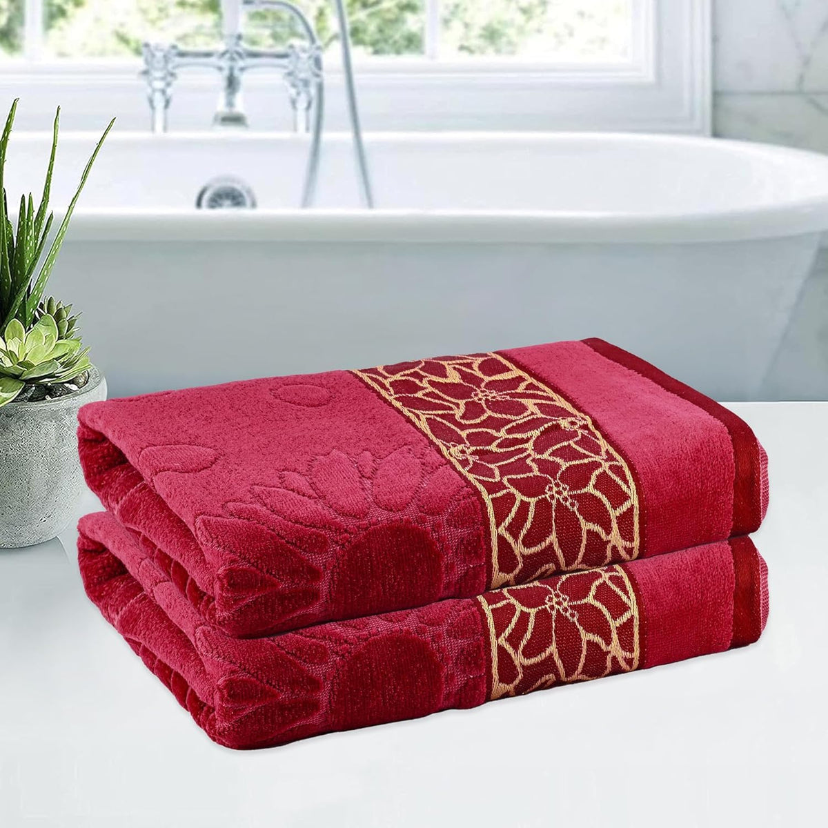 Kuber Industries Cotton Bath Towel 1000 Gsm | Wrinkle Resistant Towels | Quick-Dry Travel Velvet Border Towel For Men & Woman -Maroon (Pack Of 2)