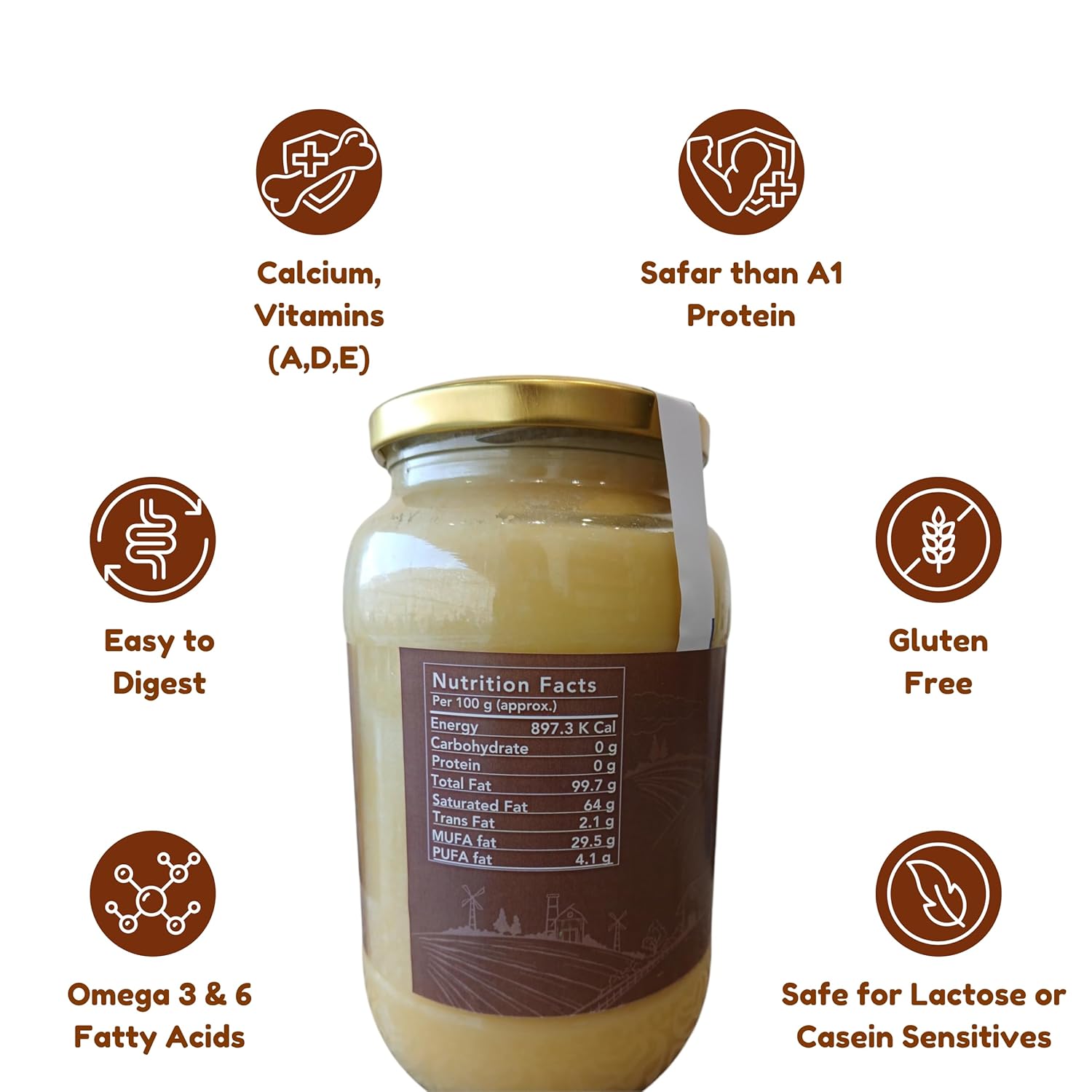 Natural Desi Cow A2 Bilona Ghee By Antique Ayurveda | Traditional Hand-Churned Desi Cow’S Ghee Support Healthy Skin & Hair | (1 Litre) 33.8 Ounce | Jar Pack