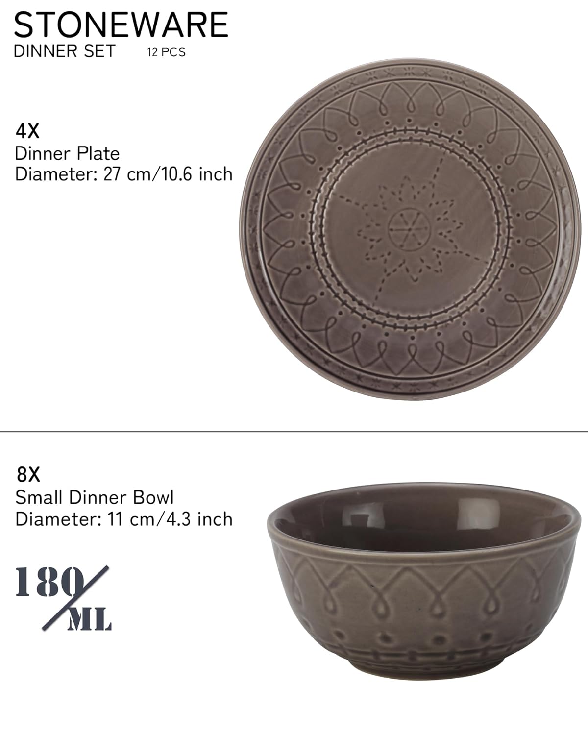 Handcrafted Stoneware Embossed Ceramic Dinner Set Of 12 Pcs - Ash Grey | 4 Dinner Plates+ 8 Salad Bowls, 180ml Each - Microwave & Dishwasher Safe