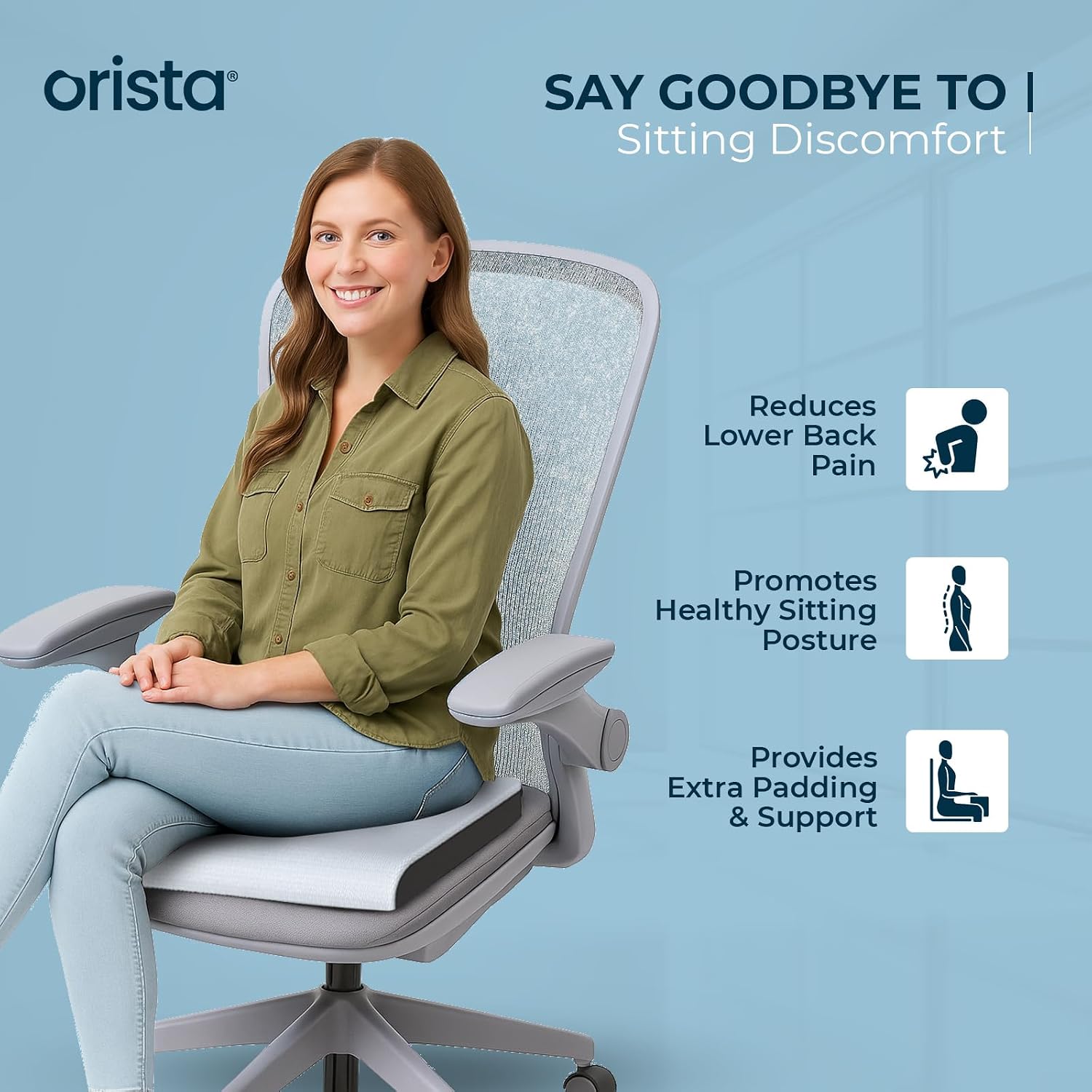 Comfort Cloud Seat Cushion, High-Density Memory Foam Pillow, Greyish Blue Mesh | Ergonomic Tailbone & Thigh Support | Anti-Slip Base, Portable Handle, Ideal For Office, Car & Home Chairs