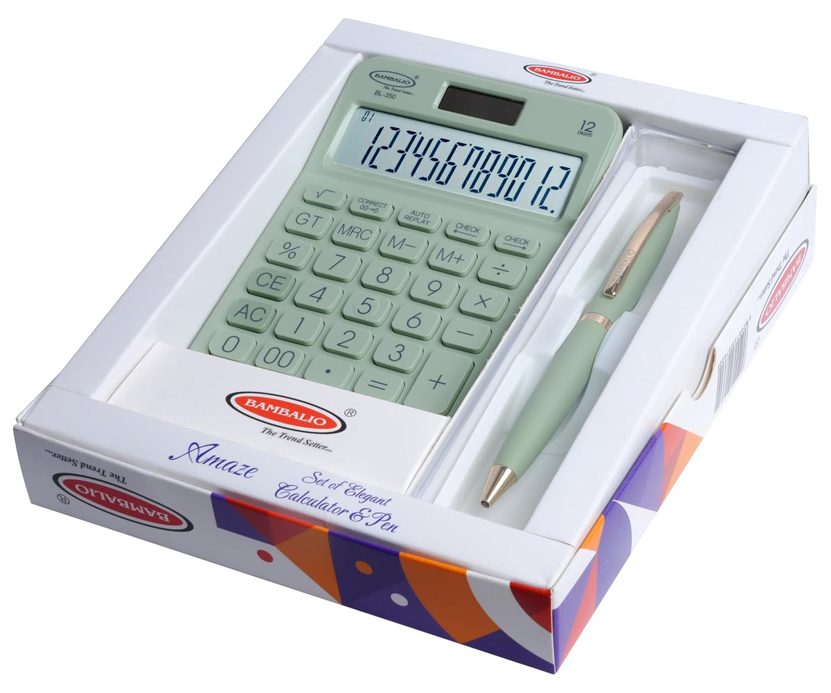 Bambalio Set Of Elegant Calculator & Pen Green | 12 Digits-large LC Display ,112 Steps Check And Correct | 3 Years Warranty - For Use School, Office, Study, Travel, Daily Use