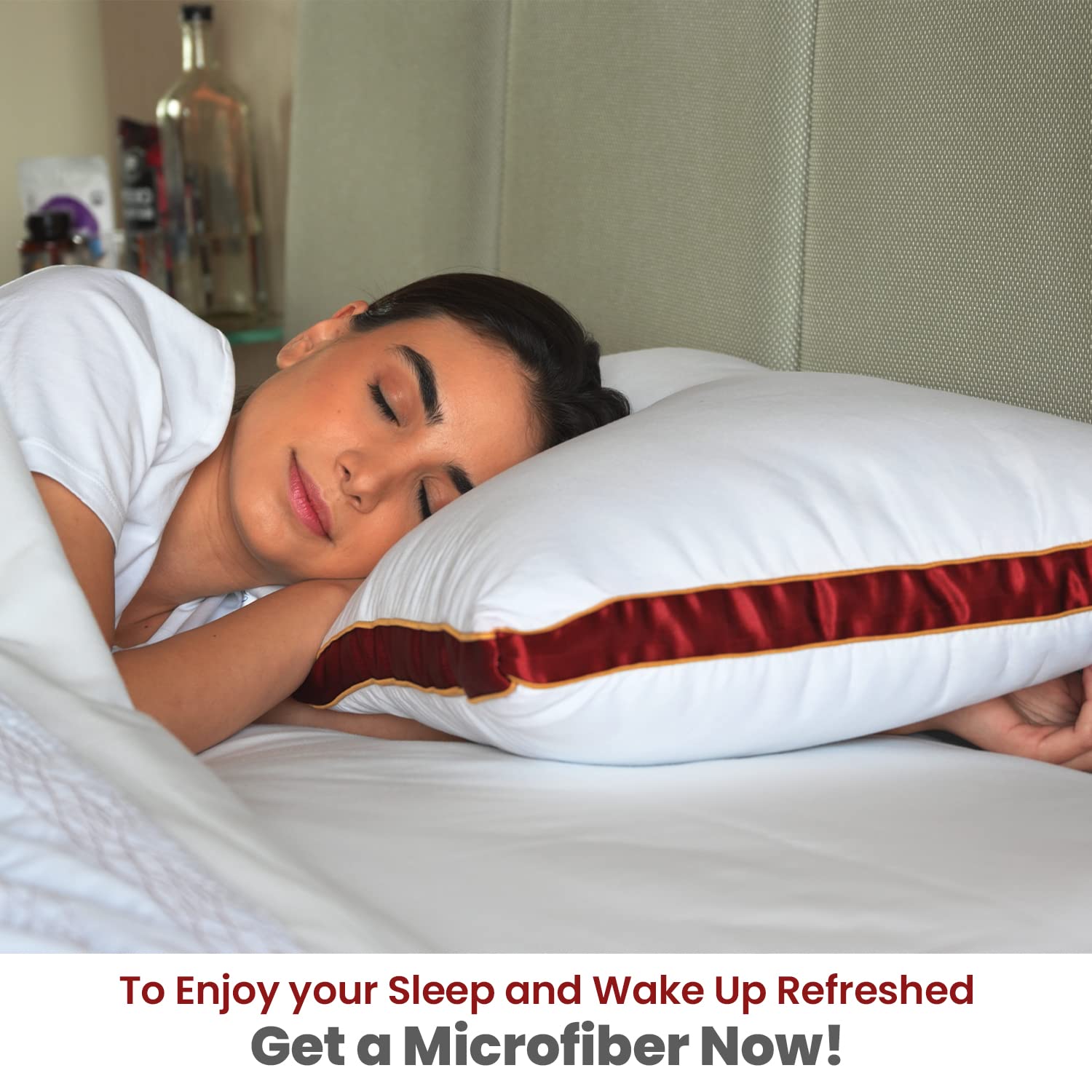 Microfiber Bed Pillow For Sleeping, Down Alternative Ultra Soft Cotton Pillow, White & Red, Blue | Bed Pillow, Microfiber Pillow | Breathable, Washable, Durable, Hypoallergenic - Pack Of 4