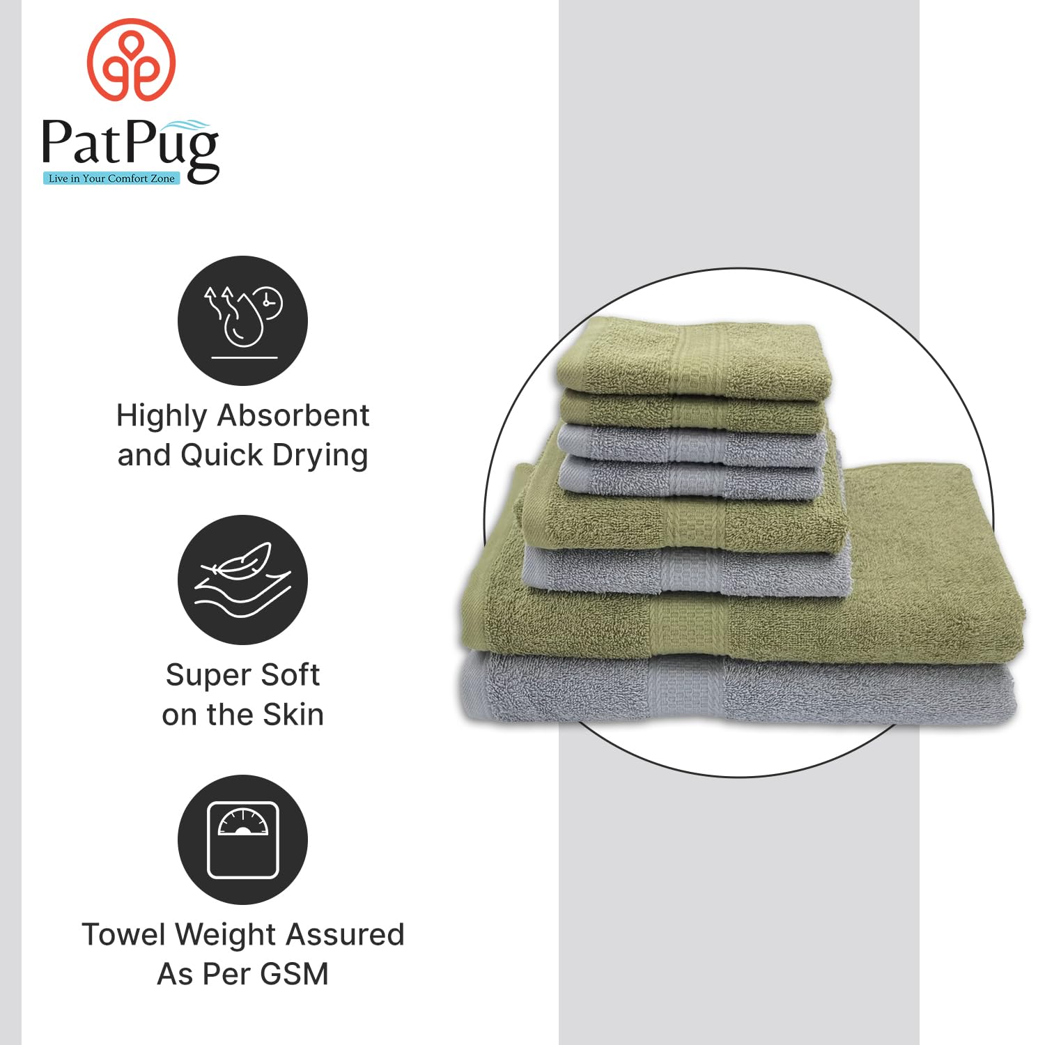 Patpug 100% Indian Cotton Plush Towel Set 2000 Gsm | Highly Absorbent, Fade Resistant, Quick Drying 2 Bath, 2 Hand & 4 Face Towel (Silver Grey & Oliver Green) - 8 Piece