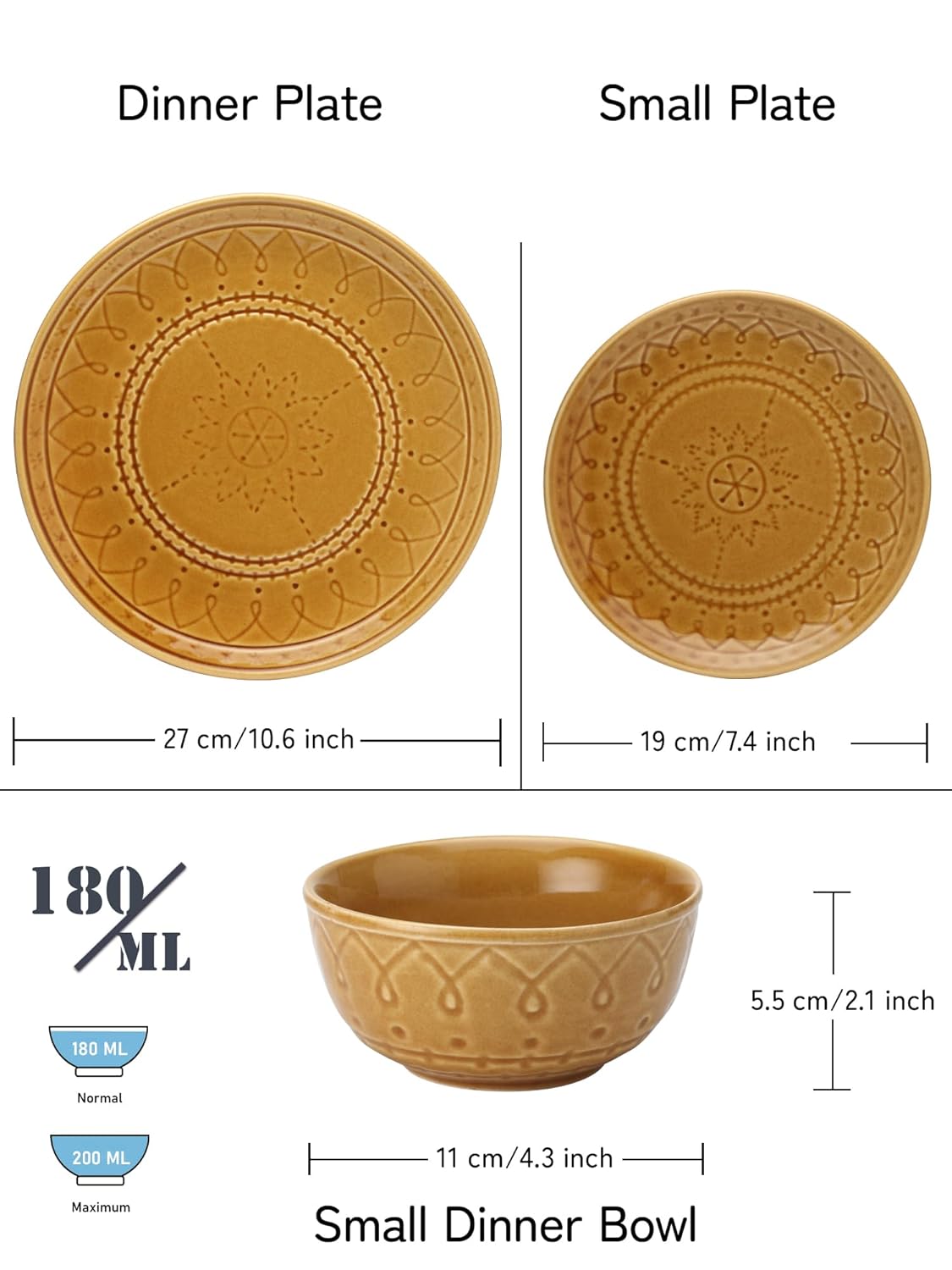 Handcrafted Stoneware Embossed Ceramic Dinner Set Of 6 Pcs - Golden Brown | 2 Dinner Plates+ 2 Small Plates+ 2 Small Bowls, 180ml Each - Microwave & Dishwasher Safe | Serving For 2