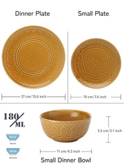 Handcrafted Stoneware Embossed Ceramic Dinner Set Of 18 Pcs - Golden Brown | 6 Dinner Plates+ 6 Small Plates+ 6 Small Dinner Bowls, 180ml Each | Microwave & Dishwasher Safe - Serving For 6