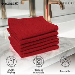 Encasa Xo Kitchen Hand Towels Set 150 Gsm | Waffle Weave & Flat Hand Towel | Quick Drying Reusable Cotton Washcloths | Set Of 6 (Red)