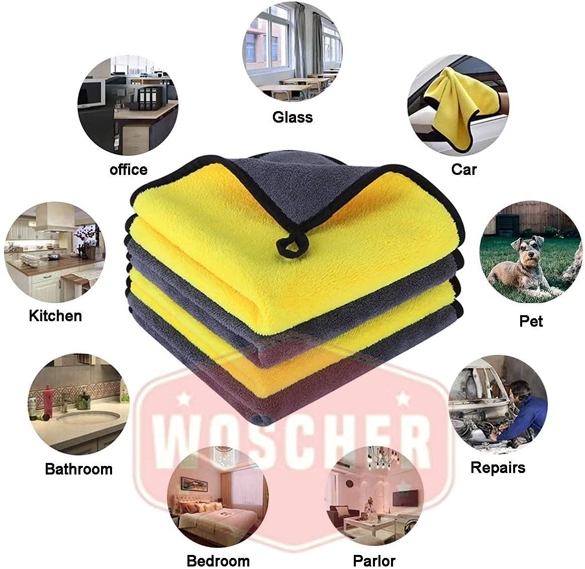 Woscher Microfiber Cloth 600 Gsm | Ultrasoft & Quick Drying Car Microfiber Cleaning Towel, Lint Free Automotive Microfiber Towel (Yellow & Grey)- Pack Of 3