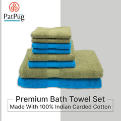 Patpug 100% Indian Cotton Plush Towel Set 2000 Gsm | Highly Absorbent, Fade Resistant, Quick Drying 2 Bath, 2 Hand & 4 Face Towel (Olive Green & Turquoise Blue) - 8 Piece